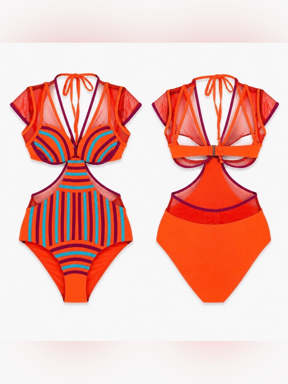 Andrea Iyamah One Piece Swimsuit XS Orange Mesh Cutout Striped NWOT